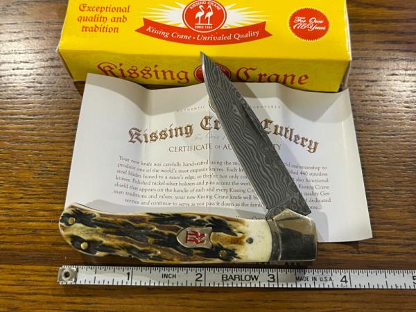 Kissing Crane KC5207 Lockback Knife w/Damascus Blade & Stag Scales & Custom Filework