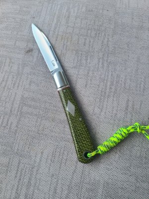 K'roo Green Burlap Zulu..Rwl34...4" clsd...Lanyard tube with Lanyard..filework..coa and slip..