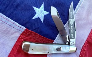 Vintage Bulldog Brand, 2 Blade “Old Reliable” Trapper w/ Fiery Mother of Pearl Handles