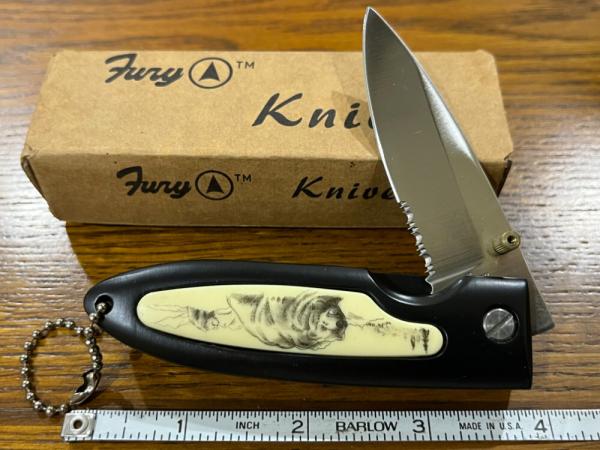Fury Folding Knife w/Metal & Scrimshaw Scales