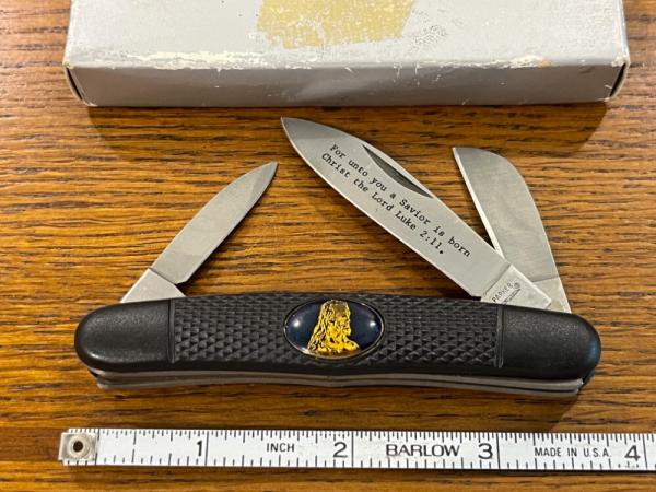 Parker "Luke 2:11" 3-Blade Folding Knife w/Black Diecast Handle Christ Medallion Japan