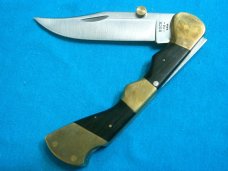 VINTAGE 4 DOT CUSTOM FINGER GROOVE BUCK 110 LOCKBACK FOLDING HUNTER KNIFE KNIVES BROWN SHEATH OLD