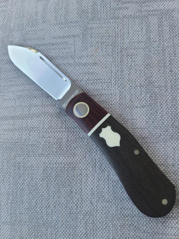 SALE Steenkamp Dogleg..3.5" .Rwl34..Crosscut Micarta bolsters & Green Canvas .coa&pouch