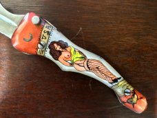 Unique Russian Prison Knife (RPK) Switchblade, Hand Painted Pin Up Girl Handle, Used 