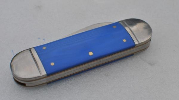 Rough Ryder Sunfish Mint Blue Micarta Stainless Bolsters Brass Liners 2 Blades Mint 4 1/8" Closed