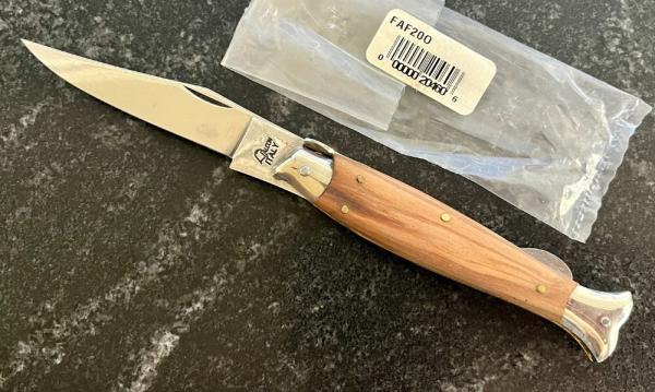 Vintage Falcon ITALY 8 Inch Lockback Fish Shape Folding Knife, Olive Wood Handle, Unused Vintage Falcon ITALY 8 Inch Lockback Fish Shape Folding Knife, Olive Wood Handle, Unused