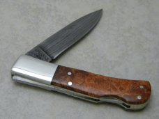 Hand Made Tak Fukuta SM-353 Japan Burl Wood Damascus Lockback Knife