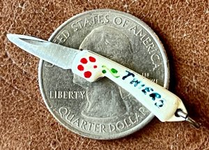 Vintage Miniature Vendetta Knife, France, Hand Painted Handle, Tiny Mini Fob