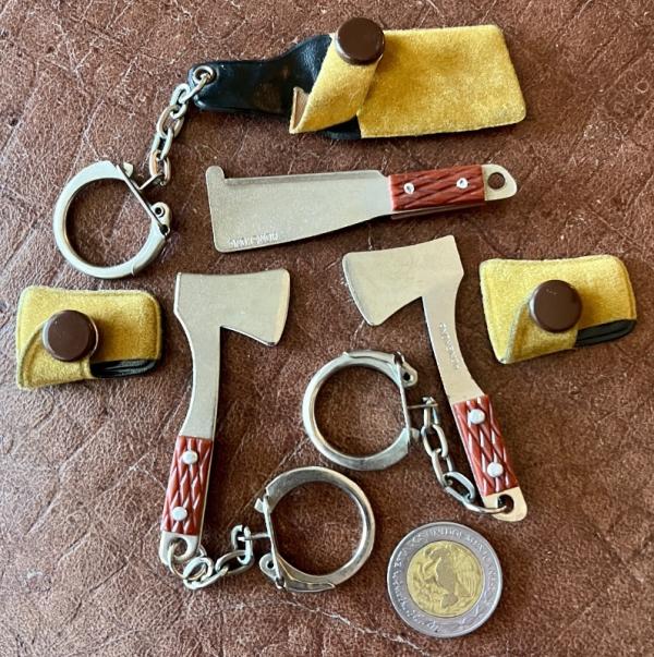 3 Vintage Miniature Keychain Knives, Hong Kong, 2 Ax, 1 Clever, Original Sheaths 3 Vintage Miniature Keychain Knives, Hong Kong, 2 Ax, 1 Clever, Original Sheaths