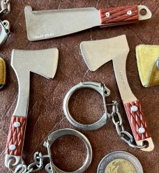 3 Vintage Miniature Keychain Knives, Hong Kong, 2 Ax, 1 Clever, Original Sheaths