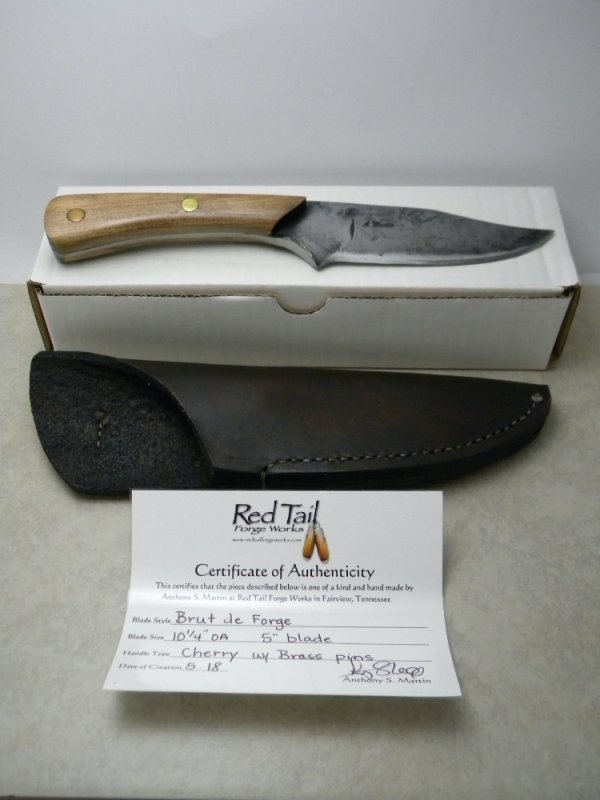 *Custom* Red Tail Forge Works by Anthony Martin Cherry Brut de Forge Fixed Blade Sheath Knife in Box