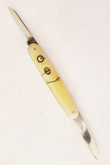 VINTAGE1910 SCHRADE CUT CO OLD IVORY STYLE SCALES DOUBLE BUTTON AUTO KNIFE