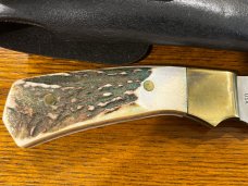 01 Parker-Edwards Trailing Point Hunting Knife w/Stainless Steel Blade & Scrimshaw Stag Scales A175S