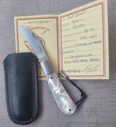 Vincenzo Balistreri Swayback..4"....Mother of Pearl..AEB-L..liners..lanyard pin and bead..coa.slip