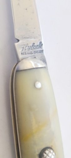 VINTAGE1918 FLYLOCK KNIFE CO B.PORT CONN BUTTERSCOTCH SCALES DOUBLE BUTTON AUTO KNIFE