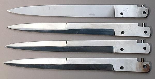 Four loose 6" Italian Auto Stiletto blades, NOS vintage spare parts, c.1984 Four loose 6" Italian Auto Stiletto blades, NOS vintage spare parts, c.1984