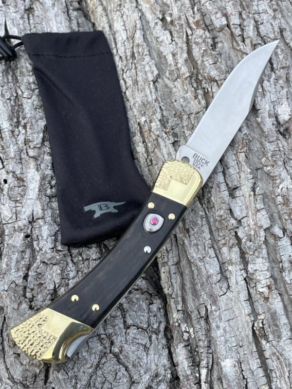 BUCK 110 * YELLOWHORSE CUSTOM RUBY GEM AUTOMATIC KNIFE W/ENGRAVED STAIR STEP BOLSTERS