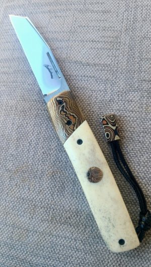 Vincenzo Balistreri Ragnar..3.75"..Mokume & polished Stag....AEB-L..lanyard pin and bead..coa.slip
