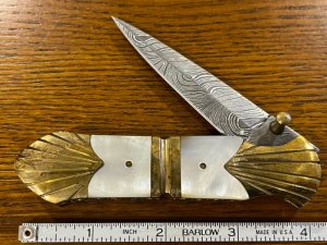 Custom Damascus Spear Point Folding Knife w/MOP Inlaid Scales-Ornate Brass Bolisters-Custom Filework