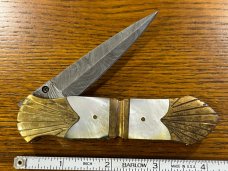 Custom Damascus Spear Point Folding Knife w/MOP Inlaid Scales-Ornate Brass Bolisters-Custom Filework