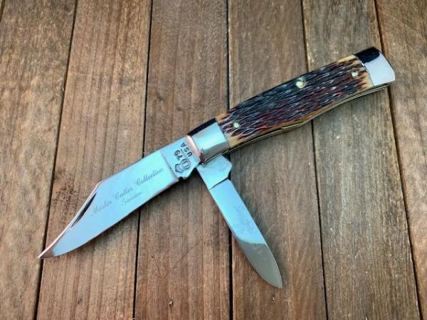Queen Master Cutler Collection Gunstock Jigged Brown Bone Stainless Steel Blades 1979 Queen Master Cutler Collection Gunstock Jigged Brown Bone Stainless Steel Blades 1979