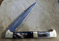 13" Double Eagle Picklock Switchblade. Damascus Blade and Buffalo horn handles.