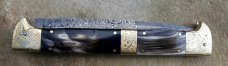 13" Double Eagle Picklock Switchblade. Damascus Blade and Buffalo horn handles.