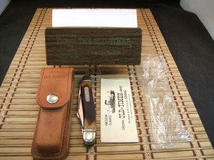 SCHRADE OLD TIMER 858 LUMBERJACK LARGE OLDER HIGH CARBON STEEL POCKET KNIFE W/BOX, SHEATH & PAPERS