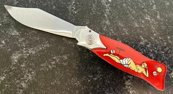 Unique Russian Prison Knife (RPK) Switchblade, Hand Painted Pin Up Girl Handle, Used 