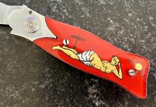 Unique Russian Prison Knife (RPK) Switchblade, Hand Painted Pin Up Girl Handle, Used 