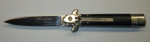 AKC Bill DeShivs Leverletto 7.75" Leverlock Auto Italian Knife, Black Canvas Micarta Scales