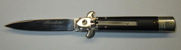 AKC Bill DeShivs Leverletto 7.75" Leverlock Auto Italian Knife, Black Canvas Micarta Scales