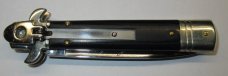 AKC Bill DeShivs Leverletto 7.75" Leverlock Auto Italian Knife, Black Canvas Micarta Scales