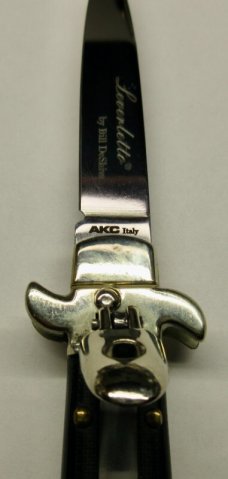 AKC Bill DeShivs Leverletto 7.75" Leverlock Auto Italian Knife, Black Canvas Micarta Scales