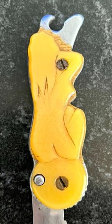 Unique Russian Prison Knife (RPK) Switchblade, Nude Woman Sitting Handle and Bottle Opener, Used 