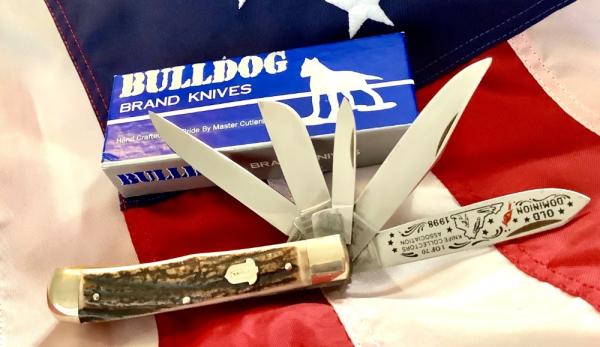 1998 Bulldog Brand ODKCA 5 Blade Trapper w/ Great Stag Handles -NOS & NM 1998 Bulldog Brand ODKCA 5 Blade Trapper w/ Great Stag Handles -NOS & NM
