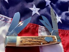 1998 Large nearly 4 & 1/2" Bulldog Brand 5 Blade Knife w/ Great Stag Handles -NOS & NM
