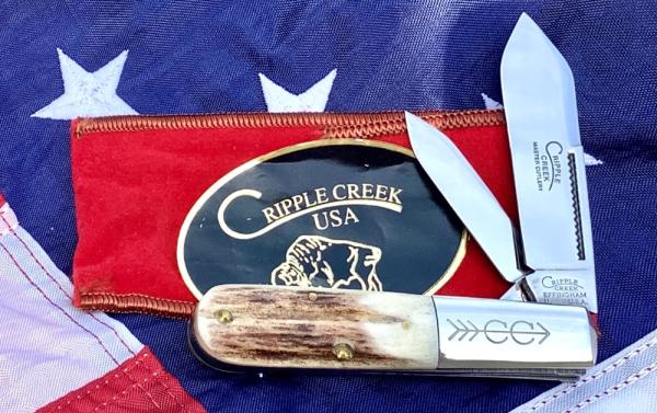 Cripple Creek 1994 Barlow Knife w/ Great Stag Handles and soft pouch -Minty! Cripple Creek 1994 Barlow Knife w/ Great Stag Handles and soft pouch -Minty!