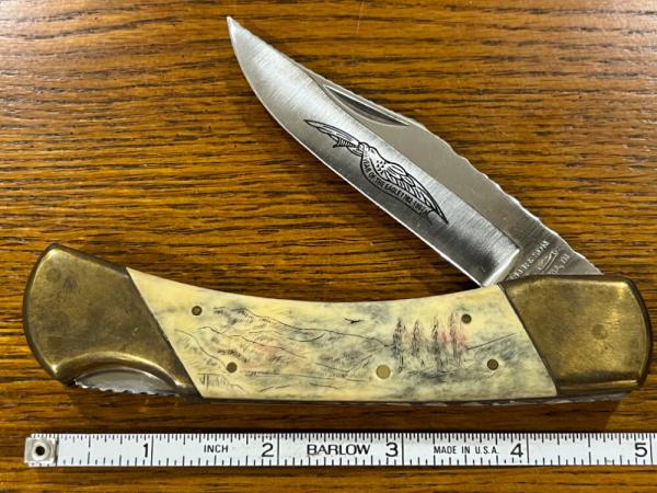 Parker & Son K405 Mountains Scrimshaw Lockback w/Smooth Bone Scales & Custom Filework on Blade & Spr