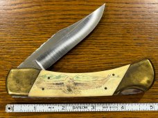 Parker & Son K405 Mountains Scrimshaw Lockback w/Smooth Bone Scales & Custom Filework on Blade & Spr