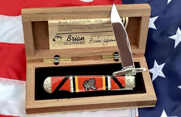 Queen "Brian Yellowhorse" #24 of 40 Swing guard Cheetah Knife W/ Great Stonework W/ Lion Shield Queen "Brian Yellowhorse" #24 of 40 Swing guard Cheetah Knife W/ Great Stonework W/ Lion Shield