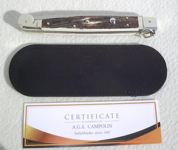 NEW AGA CAMPOLIN 12" AUTOMATIC SICILIANO RING PULL GENUINE STAG 4 MIL BLADE NICKEL SILVER BOLSTERS NEW AGA CAMPOLIN 12" AUTOMATIC SICILIANO RING PULL GENUINE STAG 4 MIL BLADE NICKEL SILVER BOLSTERS