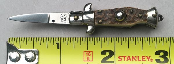 2 3/4" Italian Key Chain Auto Stiletto, stag horn scales, NOS vintage collector knife, MICRO! c.1984 2 3/4" Italian Key Chain Auto Stiletto, stag horn scales, NOS vintage collector knife, MICRO! c.1984