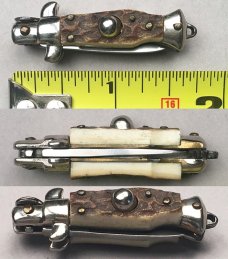 2 3/4" Italian Key Chain Auto Stiletto, stag horn scales, NOS vintage collector knife, MICRO! c.1984