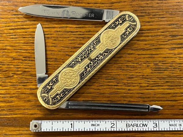 Fight'n Rooster Frank Buster 3-Blade Lobster Knife w/Gold Platted Metal Scales Germany