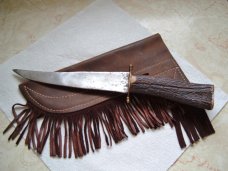 LARGE ELK STAG STRAIGHT KNIF FANCY PIONEER TYPE SHEATH