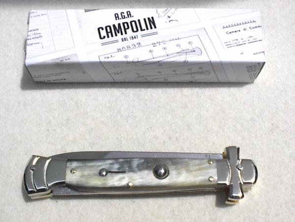 NEW A.G.A. CAMPOLIN 9" AUTOMATIC MALTESE BRAZILIAN HORN MODIFIED BAYONET BLADE SOLID N/S BOLSTERS