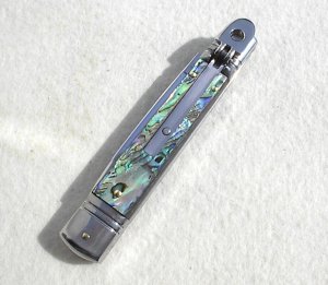 NOS AKC 8" SWITCHBLADE CLASSIC SLIM LEVER LOCK GENUINE ABALONE SHELL SWEDGE BLADE MANIAGO ITALY