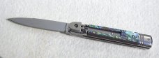 NOS AKC 8" SWITCHBLADE CLASSIC SLIM LEVER LOCK GENUINE ABALONE SHELL SWEDGE BLADE MANIAGO ITALY