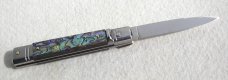 NOS AKC 8" SWITCHBLADE CLASSIC SLIM LEVER LOCK GENUINE ABALONE SHELL SWEDGE BLADE MANIAGO ITALY